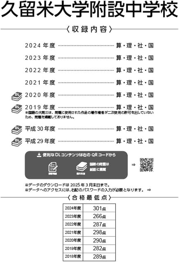久留米大学附設中学校 2025年度版 【過去問4+4年分】(中学別入試過去